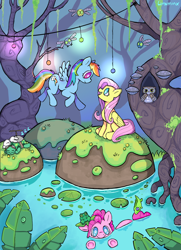 Size: 1912x2637 | Tagged: safe, artist:linxminx, imported from derpibooru, angel bunny, fluttershy, gummy, pinkie pie, rainbow dash, tank, alligator, bird, earth pony, frog, owl, parasprite, pegasus, pony, rabbit, tortoise, animal, biting, female, lilypad, looking at each other, looking at someone, mare, onomatopoeia, sleeping, sound effects, swamp, swimming, tail, tail bite, zzz