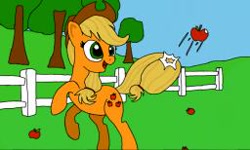 Size: 256x154 | Tagged: safe, imported from derpibooru, applejack, pony, apple, daytime, female, fence, food, fruit, hat, mare, open mouth, solo, tail, tree, white fence