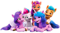 Size: 672x371 | Tagged: safe, imported from twibooru, hitch trailblazer, izzy moonbow, pipp petals, sunny starscout, zipp storm, g5, image, mane 5 (g5), my little pony: make your mark, png, simple background, transparent background