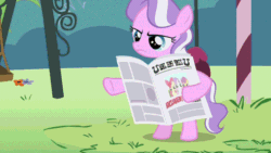Size: 720x405 | Tagged: safe, edit, edited screencap, editor:undeadponysoldier, imported from ponybooru, screencap, apple bloom, diamond tiara, dinky hooves, scootaloo, sweetie belle, earth pony, pony, unicorn, ponyville confidential, animated, cutie mark crusaders, edited gif, female, filly, foal, gabby gums, jewelry, newspaper, reversed, tiara