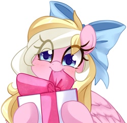 Size: 1121x1083 | Tagged: safe, artist:loyaldis, imported from derpibooru, oc, oc only, oc:bay breeze, pegasus, bow, hair bow, present, simple background, solo