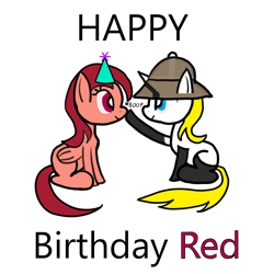Size: 2048x2048 | Tagged: safe, artist:spagendleg, oc, oc:mare mare, oc:red, pegasus, pony, unicorn, birthday, boop, clothes, cute, everfree outpost, female, hat, mare, party hat, socks