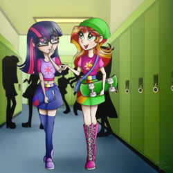 Size: 1412x1412 | Tagged: safe, artist:toxiccolour, imported from derpibooru, sunset shimmer, human, beanie, boots, clothes, female, glasses, hat, humanized, indoors, lockers, shoes, skirt, socks