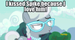 Size: 932x501 | Tagged: safe, edit, edited screencap, editor:undeadponysoldier, imported from ponybooru, screencap, silver spoon, spike, earth pony, pony, animated, cute, edited gif, female, gif, glasses, happy, implied spike, jewelry, male, meme, necklace, pearl necklace, shipping, silverbetes, silverspike, straight, talking, text