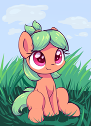 Size: 745x1025 | Tagged: safe, artist:sileniris, imported from twibooru, oc:cherry burst, earth pony, pony, female, filly, grass, image, png, sitting, solo