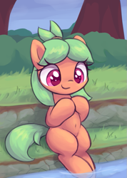 Size: 571x801 | Tagged: safe, artist:sileniris, imported from twibooru, oc:cherry burst, earth pony, pony, female, filly, image, png, river, sitting