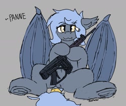 Size: 1625x1365 | Tagged: safe, artist:reddthebat, imported from twibooru, oc, oc only, oc:panne, bat pony, pony, birthday gift, ear fluff, featureless crotch, female, gray background, gun, image, looking at you, mare, needs more jpeg, signature, simple background, spread legs, spreading, tail wrap, underhoof, weapon