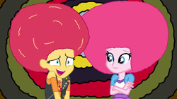 Size: 3000x1680 | Tagged: safe, artist:bigpurplemuppet99, imported from derpibooru, pinkie pie, sunset shimmer, human, equestria girls, afro, alternate hairstyle, duo, female, lesbian, shipping, sunsetpie