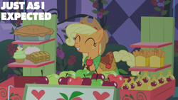 Size: 1280x720 | Tagged: safe, edit, edited screencap, editor:quoterific, imported from derpibooru, screencap, applejack, earth pony, pony, the best night ever, apple, applejack's hat, clothes, cowboy hat, cupcake, cute, dress, eyes closed, female, flower, food, freckles, gala dress, grin, happy, hat, jackabetes, mare, pastries, pastry, pie, rose, satisfied, smiling, solo