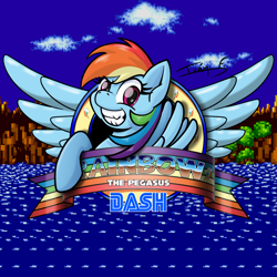 Size: 3508x3508 | Tagged: safe, alternate version, artist:memprices, imported from derpibooru, rainbow dash, pegasus, pony, crossover, grin, high res, looking at you, retro, smiling, smiling at you, solo, sonic the hedgehog (series), teeth, text