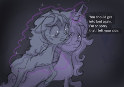 Size: 1009x707 | Tagged: safe, anonymous artist, imported from derpibooru, izzy moonbow, sunny starscout, earth pony, pony, unicorn, series:anorexic sunny, anorexia, anorexic, crying, duo, emaciated, female, g5, levitation, magic, mare, skinny, starvation, sunny starscout riding izzy moonbow, telekinesis, thin