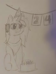 Size: 3024x4032 | Tagged: safe, imported from derpibooru, oc, oc only, pony, unicorn, bandana, birthday, birthday cake, blank stare, cake, food, hat, headphones, party hat, sketch, solo, traditional art