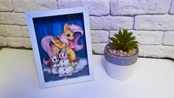 Size: 1280x720 | Tagged: safe, artist:made_by_franch, imported from derpibooru, fluttershy, pegasus, pony, rabbit, animal, art, commission, craft, digital art, diorama, forest, handmade, photo, sale, snowman, solo, winter