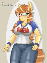 Size: 774x1033 | Tagged: safe, artist:megajesus15, imported from derpibooru, oc, oc only, oc:cream heart, anthro, armband, breasts, clothes, female, mega milk, meme, milf, solo