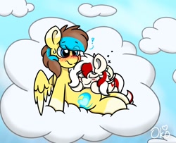 Size: 1600x1300 | Tagged: safe, artist:okopod, imported from derpibooru, oc, oc only, oc:awya lightfeather, oc:okopod, pegasus, art trade, blushing, cloud, complex background, cuddling, cute, duo, duo male and female, female, folded wings, lying down, lying on a cloud, male, on a cloud, on back, pegasus oc, pegasus wings, spread wings, wings