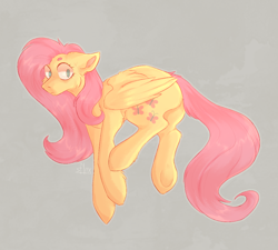 Size: 1000x900 | Tagged: safe, artist:sflnxx, imported from derpibooru, fluttershy, earth pony, pegasus, butt, cheek fluff, female, flutterbutt, gray background, looking back, mare, plot, simple background, solo, underhoof