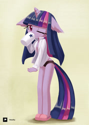 Size: 711x1000 | Tagged: safe, artist:howxu, imported from derpibooru, twilight sparkle, anthro, unguligrade anthro, unicorn, big head, clothes, coffee, coffee mug, cute, drinking, ear fluff, female, floppy ears, long mane, long tail, morning ponies, mug, one eye closed, panties, patreon, patreon logo, patreon reward, pose, shadow, shirt, simple background, slippers, solo, standing, tail, twiabetes, underwear, wink, yellow background