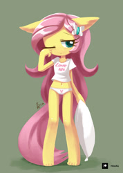 Size: 711x1000 | Tagged: safe, artist:howxu, imported from derpibooru, fluttershy, anthro, plantigrade anthro, belly button, big head, butterfly hairpin, clothes, cute, female, morning ponies, one eye closed, pajamas, panties, pillow, shyabetes, simple background, sleepy, solo, underwear, wingless, wingless anthro