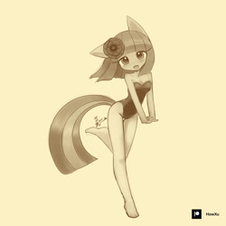 Size: 800x800 | Tagged: safe, artist:howxu, imported from derpibooru, coco pommel, anthro, plantigrade anthro, big head, breasts, chibi, clothes, female, monochrome, one-piece swimsuit, reasonably sized breasts, simple background, solo, swimsuit, yellow background