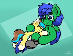 Size: 1300x1000 | Tagged: safe, artist:okopod, imported from derpibooru, oc, oc only, oc:davis firestar, oc:okopod, pegasus, pony, abstract background, boots, butt, butt tail, cuddling, duo, duo male, folded wings, hug, male, pegasus oc, pegasus wings, plot, pony oc, shoes, snuggling, wings