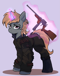 Size: 1708x2160 | Tagged: safe, artist:tatykin, imported from derpibooru, oc, oc only, oc:easy peasy, pony, unicorn, fallout equestria, commission, female, foe adventures, gun, magic, mare, mauser, outfit, synth, trench carbine, weapon
