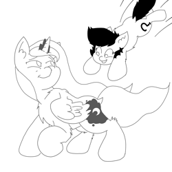 Size: 3508x3508 | Tagged: safe, alternate version, artist:ponny, imported from derpibooru, princess luna, oc, oc:filly anon, alicorn, earth pony, alternate character, duo, duo female, female, filly, foal, glomp, jumping, leaping, mare, monochrome, pounce, simple background, smiling, white background