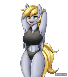 Size: 1500x1700 | Tagged: safe, artist:zachc, imported from derpibooru, derpy hooves, anthro, pegasus, arm behind head, armpits, belly button, breasts, busty derpy hooves, clothes, female, legs together, one-piece swimsuit, simple background, solo, swimsuit, white background, wide hips