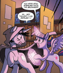 Size: 1126x1305 | Tagged: safe, artist:tonyfleecs, idw, imported from derpibooru, shadow lock, twilight sparkle, alicorn, pony, unicorn, from the shadows, spoiler:comic, spoiler:comic53, cloak, clothes, duo, female, glowing, glowing horn, horn, male, mare, open mouth, raised hoof, scroll, shocked, shocked expression, stallion, twilight sparkle (alicorn)