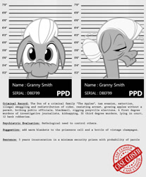 Size: 910x1100 | Tagged: safe, imported from derpibooru, granny smith, crime, grayscale, monochrome, mugshot, my little criminal records