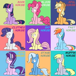 Size: 2700x2700 | Tagged: safe, artist:banquo0, imported from derpibooru, applejack, derpy hooves, fluttershy, pinkie pie, rainbow dash, rarity, starlight glimmer, trixie, twilight sparkle, alicorn, earth pony, pegasus, pony, unicorn, :>, applejack's hat, bookhorse, collage, cowboy hat, derp, hat, mane six, simple background, sitting, smiling, text, twilight sparkle (alicorn)