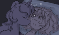 Size: 1203x711 | Tagged: safe, anonymous artist, imported from derpibooru, izzy moonbow, sunny starscout, earth pony, pony, unicorn, series:anorexic sunny, anorexia, bed, cheek kiss, chu, crying, duo, emaciated, female, g5, goodnight kiss, hospital bed, izzyscout, kissing, lesbian, onomatopoeia, skinny, sound effects, thin