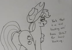 Size: 2048x1421 | Tagged: safe, artist:pony quarantine, imported from derpibooru, applejack, earth pony, pony, applebutt, butt, dialogue, female, grayscale, large butt, looking back, mare, monochrome, plot, rear view, solo, traditional art