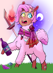 Size: 964x1314 | Tagged: safe, artist:beth, imported from derpibooru, oc, oc only, oc:beth, alpaca, alcohol, clothes, cloven hooves, flower, food, grapes, heterochromia, moon, rose, scarf, simple background, solo, staff, transgender, transparent background, wine