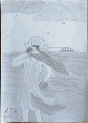 Size: 1800x2515 | Tagged: safe, imported from derpibooru, oc, oc only, anthro, bird, earth pony, seagull, boat, clothes, female, hat, ocean, pencil drawing, solo, traditional art, water