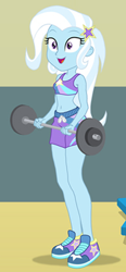 Size: 400x860 | Tagged: safe, artist:sapphiregamgee, edit, imported from derpibooru, trixie, human, equestria girls, belly button, clothes, cropped, curvy, dumbbell (object), female, hourglass figure, midriff, shoes, shorts, sneakers, solo, sports bra, sports shorts, weights