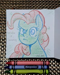 Size: 2084x2602 | Tagged: safe, artist:redapropos, imported from derpibooru, pinkie pie, earth pony, pony, bust, crayon drawing, female, looking at you, mare, signature, solo, text, traditional art