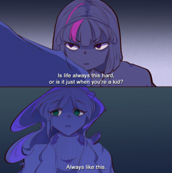 Size: 1079x1082 | Tagged: safe, artist:soapwf, imported from derpibooru, princess luna, twilight sparkle, human, 2 panel comic, angry, comic, frustrated, humanized, quote, sad