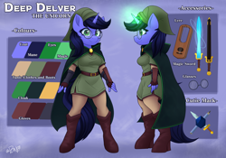 Size: 4346x3034 | Tagged: safe, artist:rivin177, imported from derpibooru, oc, oc:deep delver, anthro, unicorn, accessory, beanie hat, belt, boots, cloak, clothes, color palette, commission, female, glasses, lyre, magic, magic aura, musical instrument, reference sheet, shoes, side view, simple background, solo, standing, sword, tunic, weapon