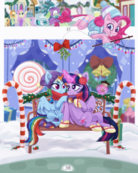 Size: 3098x3872 | Tagged: safe, artist:silverfir, artist:venik, imported from derpibooru, applejack, fluttershy, pinkie pie, rainbow dash, spike, twilight sparkle, alicorn, dragon, earth pony, pegasus, pony, bench, berry, breaking the fourth wall, candy, candy cane, cap, clothes, cup, earmuffs, female, fluffy, food, garland, glowing, glowing horn, hat, horn, lesbian, looking at each other, looking at someone, magic, mistleholly, present, scarf, shared clothing, shared scarf, shipping, sitting, smiling, smiling at each other, snow, snowfall, spread wings, striped scarf, telekinesis, twidash, twilight sparkle (alicorn), wings, winter, winter outfit