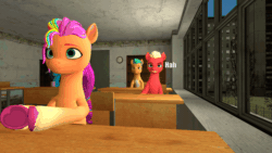 Size: 1200x675 | Tagged: safe, artist:media buff, imported from derpibooru, hitch trailblazer, sprout cloverleaf, sunny starscout, earth pony, pony, unicorn, 3d, animated, desk, g5, gmod, indoors, ken jeong, looking back, looking forward, male, misty brightdawn, school, sitting, stallion, voice actor joke, yelling