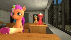 Size: 1200x675 | Tagged: safe, alternate version, artist:media buff, imported from derpibooru, hitch trailblazer, sprout cloverleaf, sunny starscout, earth pony, pony, unicorn, 3d, animated, desk, g5, gmod, indoors, looking back, looking forward, meme template, misty brightdawn, school, sitting, template, voice actor joke, yelling
