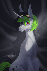 Size: 2000x2989 | Tagged: safe, artist:schnellentod, imported from derpibooru, oc, oc only, pony, unicorn, frown, goggles, red eyes, sitting, solo