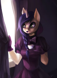 Size: 1024x1394 | Tagged: safe, artist:schnellentod, imported from derpibooru, oc, oc only, anthro, unicorn, bowtie, clothes, gloves, lipstick, makeup, solo