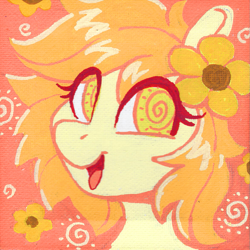 Size: 1175x1176 | Tagged: safe, artist:dandy, imported from derpibooru, oc, oc only, oc:thursday, earth pony, pony, acrylic painting, bust, earth pony oc, flower, flower in hair, looking at you, open mouth, portrait, solo, traditional art