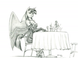 Size: 1400x1054 | Tagged: safe, artist:baron engel, imported from derpibooru, twilight sparkle, oc, oc:page turner, alicorn, anthro, unguligrade anthro, unicorn, breasts, busty twilight sparkle, candle, chair, clothes, dress, evening gloves, female, glass, gloves, jewelry, long gloves, mare, monochrome, necklace, pearl necklace, pencil drawing, table, traditional art, twilight sparkle (alicorn), wine glass