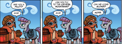 Size: 1584x577 | Tagged: safe, artist:brendahickey, idw, imported from derpibooru, maud pie, earth pony, pony, spoiler:comic, spoiler:comicff29, barrel, cap, goggles, hat, mug, unnamed character, unnamed pony