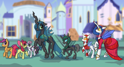 Size: 8000x4367 | Tagged: safe, artist:darkflame75, imported from derpibooru, apple bloom, queen chrysalis, scootaloo, sweetie belle, oc, unnamed oc, changeling, changeling queen, earth pony, pegasus, pony, unicorn, absurd resolution, changeling officer, cutie mark crusaders, female, filly, foal, folded wings, insect wings, ornately armored changeling, raised hoof, shadow, spread wings, wings