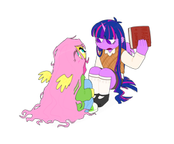 Size: 2048x1694 | Tagged: safe, artist:summersplash, imported from derpibooru, fluttershy, twilight sparkle, alicorn, human, pegasus, unicorn, equestria girls, blushing, book, clothes, simple background, sitting, transparent background, twilight sparkle (alicorn)