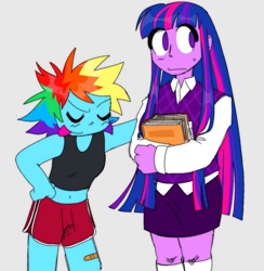 Size: 1357x1392 | Tagged: safe, artist:summersplash, imported from derpibooru, rainbow dash, twilight sparkle, human, equestria girls, blushing, clothes, frown, simple background, skirt, standing