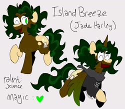 Size: 1722x1493 | Tagged: safe, artist:summersplash, imported from derpibooru, oc, oc:island breeze, alicorn, earth pony, pony, clothes, crossover, glasses, homestuck, jade harley, smiling, solo, text